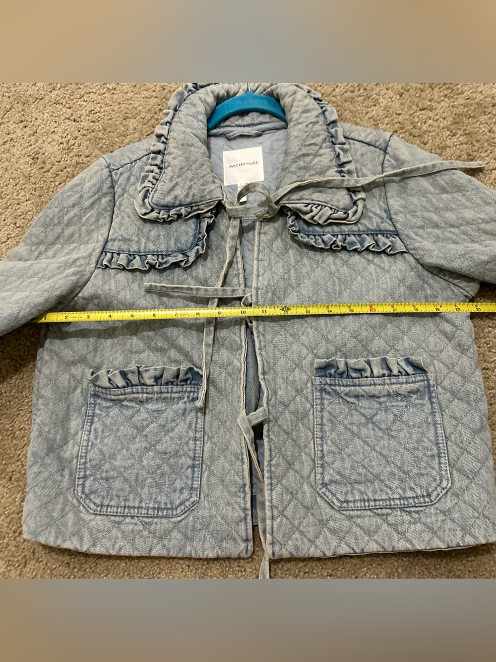 Avec Les Filles Denim Quilted Jacket Maura Bow Tie Preppy Boho Medium NWT - Picture 7 of 12